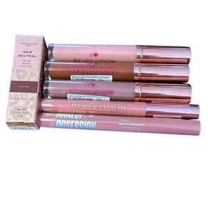 Revolution Makeup Chocolate Lip Gloss + Latte Satin Lipstick + 2 Lip Crayons